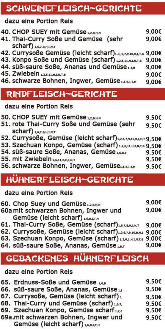Speisekarte Wok 'n Joy, Rindfleisch, Hühnerfleisch, Schweinefleisch