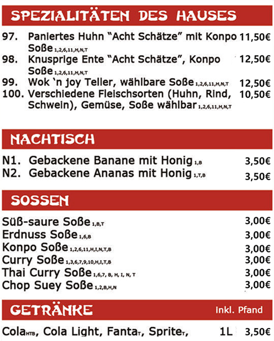 Speisekarte Wok 'n Joy, Spezialitäten, Nachtisch, Sossen, Getränke